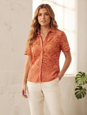 Notations Orange Floral Lace Top with Button Front M Boho Coquette Girl